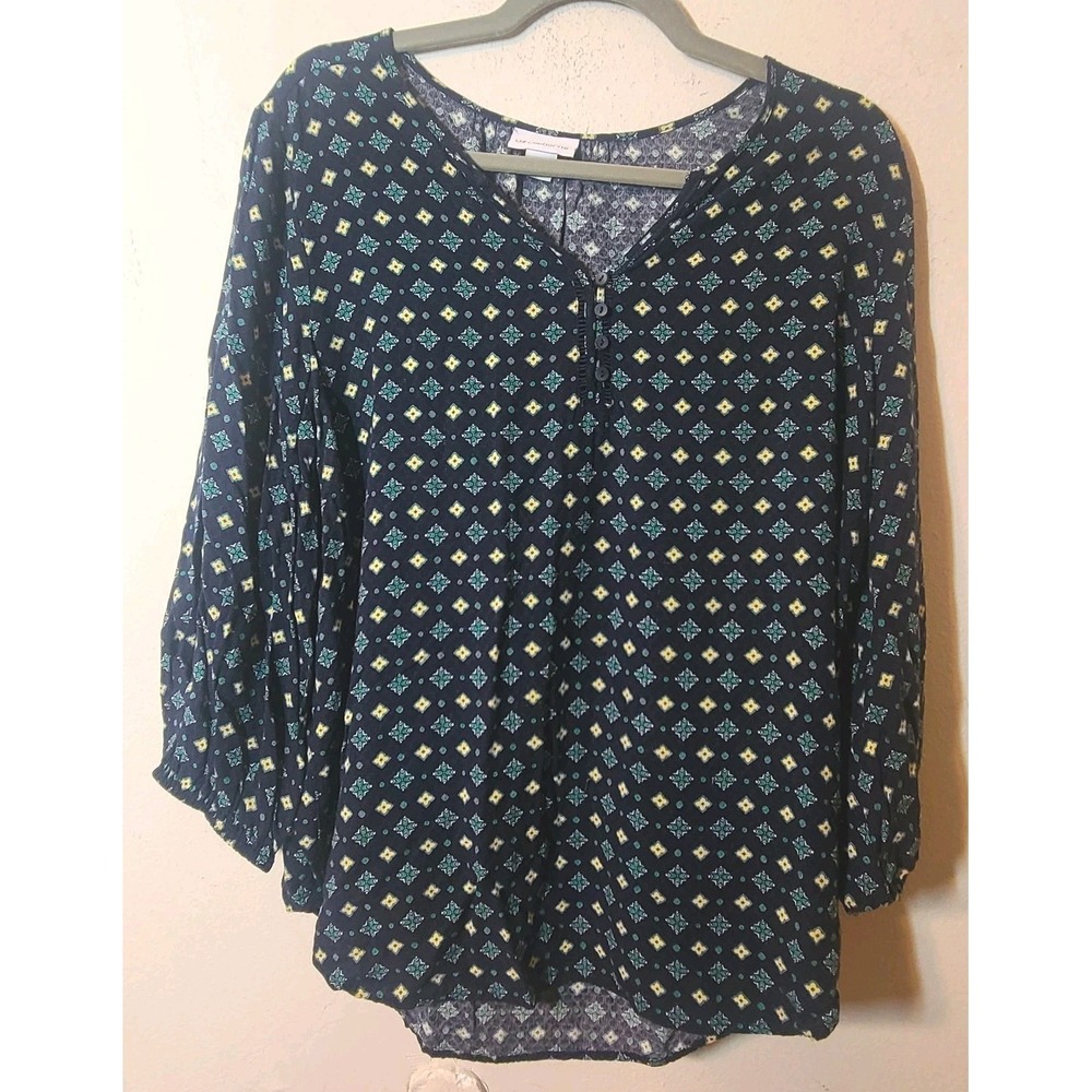 Liz Claiborne Women's Top XL Blue 3/4 Sleeve V Neck Casual Lightweight Button